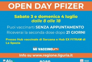 Vaccini, Open Day Pfizer: agli Hub di Sarzana e La Spezia è possibile vaccinarsi senza appuntamento