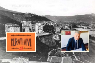 Una vecchia foto di Marola, nei riquadri il sindaco Peracchini e il logo dei Murati Vivi